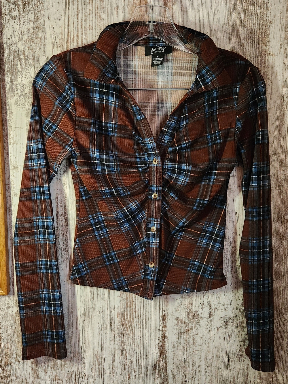 Just Polly Plaid Ruched Button-Front Crop Top Shirt  Brown & Blue Fall Vibes